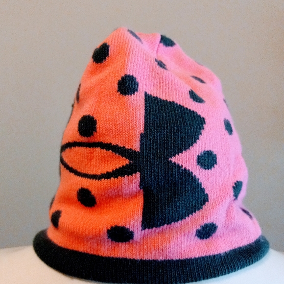 Kid Under Armour Knit Hat  Age 4-7 Pink/Black Polka Dot Winter Ski - Picture 7 of 7